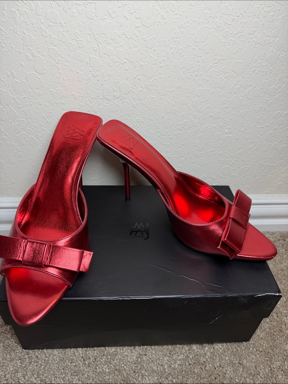 Aj Valenci Metallic Red Bow Slide Heels